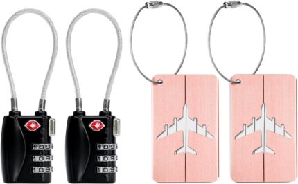 AOUTACC 2 Pack TSA Luggage Lock and 2 Pack Aluminium Metal Luggage Tags, Mini Combination Password and Suitcase Card Holder Bag Tag Name Address ID Bag Label with Key Ring