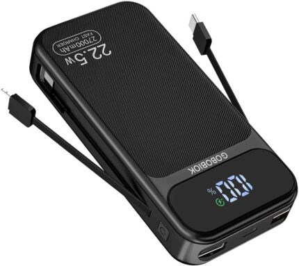 Power Bank 27000mAh Fast Charging Built-in 2 Cables, 22.5W Portable Charger, Portable USB C Power Bank Battery Pack with LCD Display Powerbank for Smartphones Tablets and More