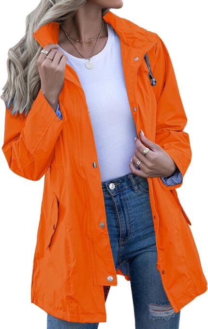 Rain Jacket Women Striped Lined Hooded Lightweight Raincoat Outdoor Waterproof Windbreaker