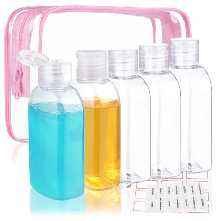 Travel Size Containers 5 Pcs 3.4oz/100ml Plastic Travel Bottles with Pink Toiletry Bag Leak TSA Approved Proof Squeeze Bottles with Flip Cap for Toiletries, Shampoo, Conditioner & Lotion