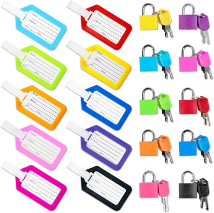 10 Pack Luggage Locks with Key+ 10 Pack Travel tag, Luggage Tags for Suitcases Bag Tags Name Tags, Mini Padlocks Durable Locks for Suitcases Backpacks Boxes Cabinet and Laptop Bags (Colorful)