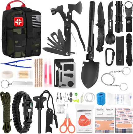 146Pcs Survival First Aid Kit, Car Emergency Trauma Kit with Military Grade Survival Tools, Medical Supplies & Fishing Gear, for Camping, Travel, Earthquake, Gifts for Men & Women Outdoor Adventures
