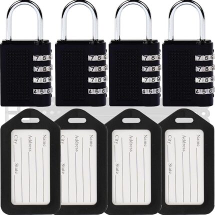4 Pack Combination Luggage Lock with Travel Tags Zinc Alloy Lock Body 4-Digit Resettable Code,Non TSA Approved Lock for Luggage, Suitcase, Gym Lockers, and Home Security 4 Pack Black