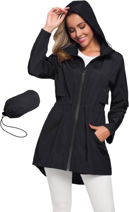 Avoogue Women’s Long Raincoat with Hood Outdoor Lightweight Windbreaker Rain Jacket Waterproof