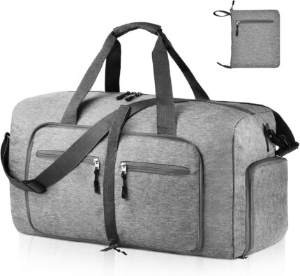 Dimayar 65L Travel Duffle Bag for Men Women - Foldable Duffel Bag with Shoes Compartment - Overnight Bags Waterproof & Tear Resistant(Gray)