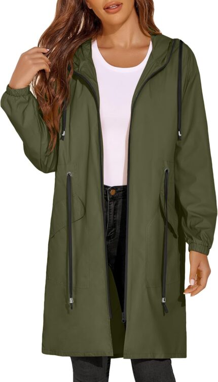 ELESOL Women Rain Jacket Waterproof Long Rain Coats Hooded Windbreaker Lightweight Raincoats Travel Hooded Trench Coats S-3XL