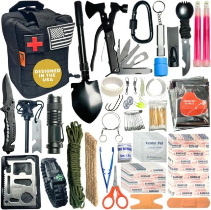 GunZee 175-Piece Survival Kit, First Aid Kit for Emergency and Outdoor Adventures, IFAK, Fishing Gear, MOLLE-Compatible Bag, Car Travel, Camping, Hiking, Earthquake, Tornado, Gifts for Men and Women