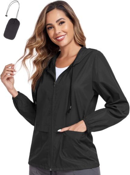 JTANIB Women's Raincoat Waterproof Windbreaker Hooded Lightweight Packable Rain Jacket with Back Zipper Coats S-XXL