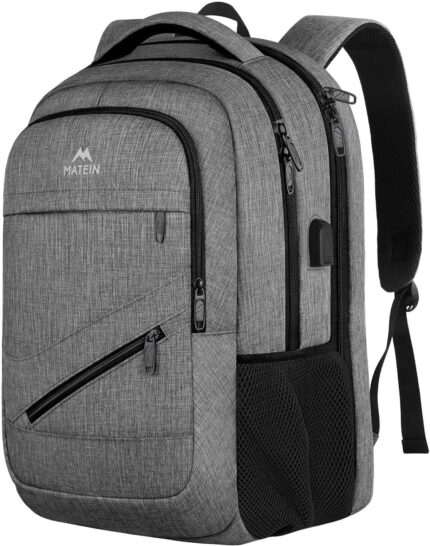 MATEIN Travel Laptop Backpack, 17 Inch Work TSA Approved Carry on Backpack, Large Computer Business Bag for Men Women with USB Port and Trolley Sleeve, College School Rucksack Book Bag, Grey