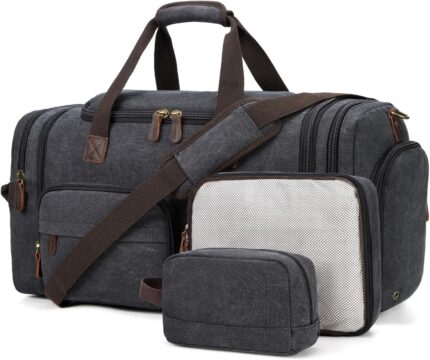 Mens Duffle Bag for Travel 3Pcs Set Travel Bags for Men 60L Expandable Canvas Bag (Dark Gray)