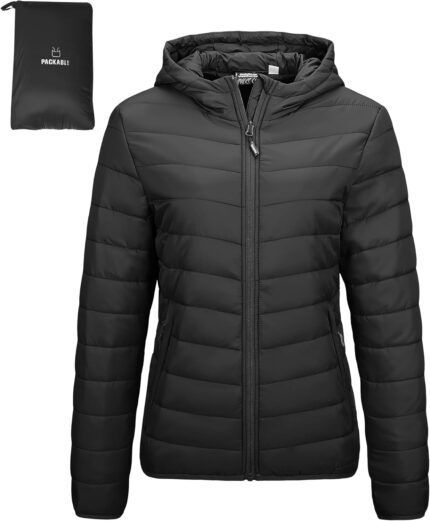 Outdoor Ventures Women's Packable Lightweight Full-Zip Puffer Jacket with Hood Quilted Winter Coat