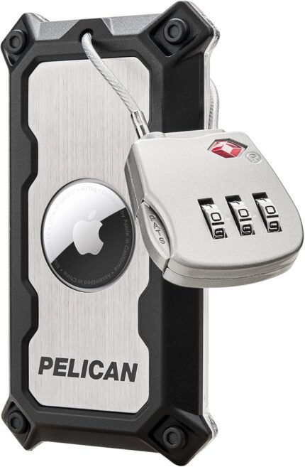 Pelican AirTag Tracker Luggage Lock - Travel AirTag Holder Luggage Tag for Suitcases with TSA-Approved Cable Lock, 2-Piece Installation, Grade 5 Titanium Plate Tracker -Brushed Titanium