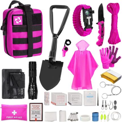 Pink Survival Kits with First Aid Kit, Hiking Camping Gear and Equipment for Women, Professional Bug Out Bag Survival Set with Molle Pouch, Outdoor Gift for Women