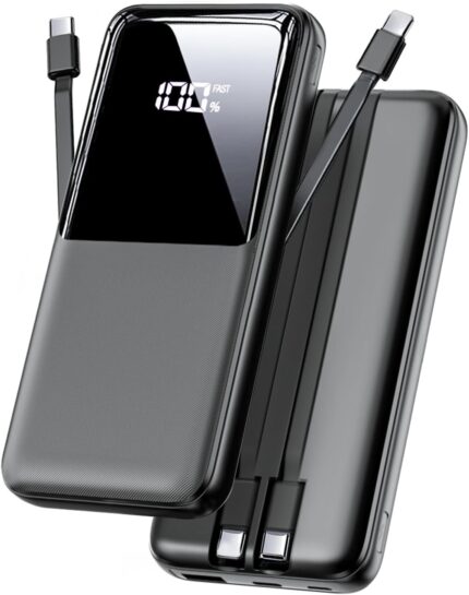 Portable Charger Power Bank - 15000mAh Fast Charging Powerbank Battery Pack with Built in USB-C(22.5W) and iOS(20W) Output Cable Compatible with iPhone Android Samsung etc (1 Pack, Black)