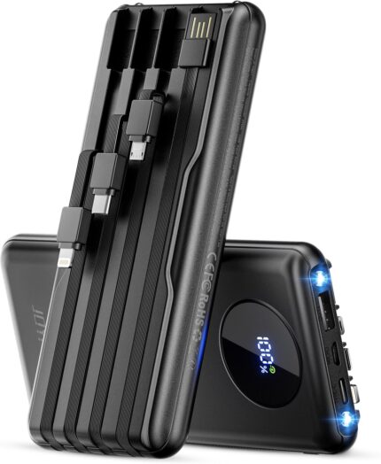 Portable-Charger-Power-Bank Travel Essentials Battery Pack USB C 10000mAh Built in Cable 22.5W Phone Fast Charging Powerbank Compatible with iPhone 16 15 14 13 12 11 iPad Samsung Google (Black)