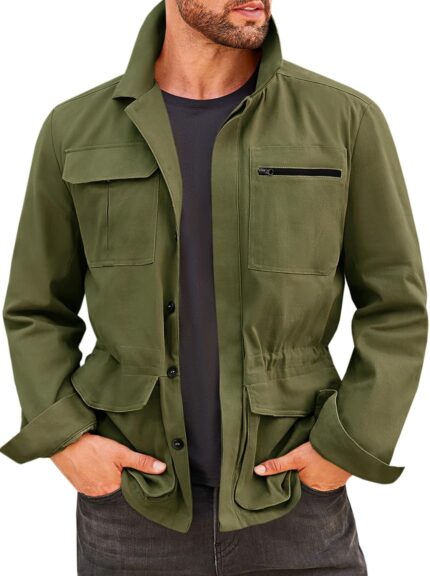 Runcati Mens Safari Jacket Military Casual Lightweight Jacket Windproof Multi Pocket Outdoor Fishing Coat