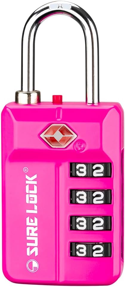 SURE LOCK TSA Approved 4-Digit Resettable Combination Luggage Locks with Open Alert, Easy-Read Dials - for Luggage, School Lockers, Gym, Office, Toolbox & Security Cases (Pink 1 Pack)
