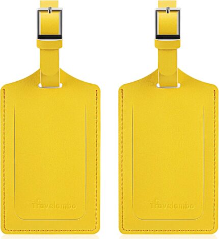 Travelambo Luggage Tags for Suitcases Faux Leather Privacy Protection 2 Pack Bag Tags Travel Accessories Essential, Energetic Yellow