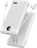 VRURC Portable Charger Built-in Cables and AC Wall Plug, USB C Power Bank 10000mAh, Travel Essentials Phone Charger Compact Lightweight External Battery Pack for Smart Phones, Tablets etc-White