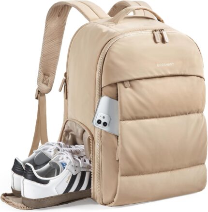 BAGSMART 30L Travel Backpack for Women, Carry on Backpack for Airplanes, Gym Backpack with Shoe Compartment, Lightweight Travel Bag Fits 15.6 Inch, Water-Resistant, Desert