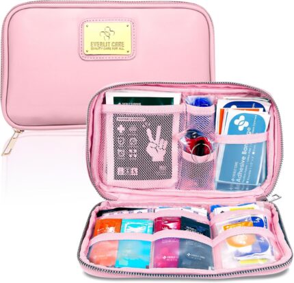 Car First Aid Kit with Emergency Supplies Survival Gear Including Window Breaker Disposable Urine Bag Mountable Survival Kit for Family Travel in Car (Pink)