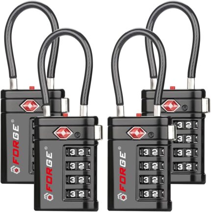 Forge TSA Approved Luggage Locks 4 Digit Combination TSA Travel Locks with TSA008, Open Alert Indicator, Zinc Alloy Body for Luggage, Suitcase, Backpack, and More. Black 4 Locks.