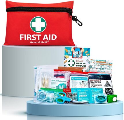 General Medi Mini First Aid Kit, 110 Piece Small First Aid Kit - Includes Emergency Foil Blanket, Scissors for Travel, Home, Office, Vehicle, Camping, Workplace & Outdoor (Red)