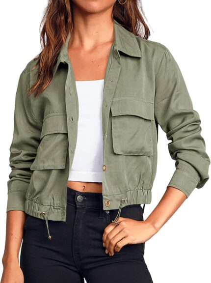 Onedreamer Women's Military Safari Cropped Jackets Button Down Lightweight Oversized Utility Anorak Coat with Pockets