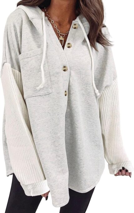 SHEWIN Oversized Sweatshirt for Women Loose Fit Casual Long Sleeve Button Hooded Sweatshirts Hoodies with Pocket