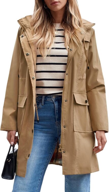 SaphiRose Women’s Waterproof Rain Jacket Long Raincoat Hooded Windbreaker Trench Coat