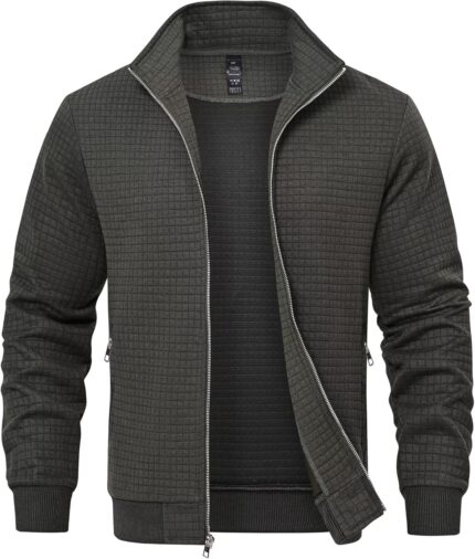 Satankud Men's Jacquard Waffle PlaidCloth Bright Metal Zipper Lightweight Jacket