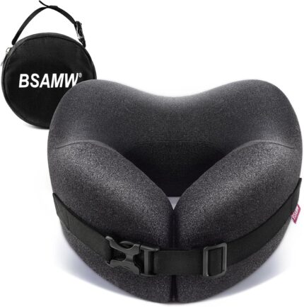 Travel Neck Pillow for Airplane – Vacuum Compressed Memory Foam, Ergonomic Neck Support, Soft & Washable Cover, Travel Accessories for Sleeping in Flight, Car, Train, Office Use (Black)