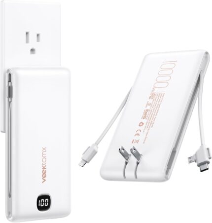 VEEKTOMX Portable Charger with Built in Cables 10000mAh, Power Bank for iPhone with Wall Plug, Travel Essential Fast Charging USB C Slim External Battery Pack for iPhone16/15/14, Samsung, iPad, etc