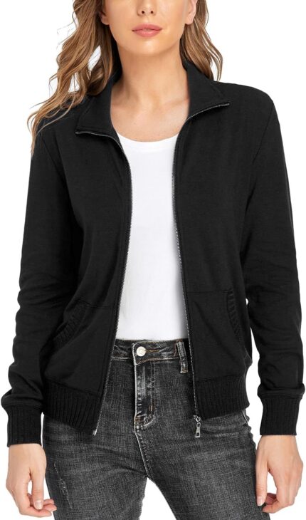 andy & natalie Women's Stand Collar Zip up Long Sleeve Jacket with Pockets Running Sweatshirts Jackets