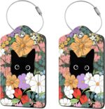 2 Pcs Luggage Tags for Suitcases, PU Leather Cruise Ship Luggage Tags with Privacy Cover Label Address Card and Durable Metal Ring Suitable for Men Women Handbags Backpacks,Flower Bushes and Cats