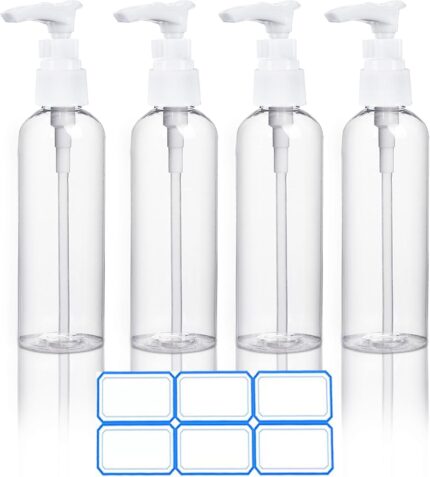 4 Pack 3.4 Oz (100ml) TSA Approved Travel Pump Bottles for Toiletries Clear Travel Size Bottles Leak Proof with Labels