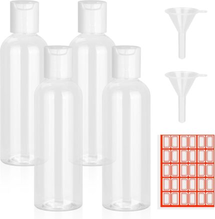 4 Pack Travel Bottles for Toiletries,3.4oz TSA Approved Leakproof Travel Size Containers Empty Small Plastic Travel Essentials Accessories with Labels for Shampoo,Conditioner,Lotion