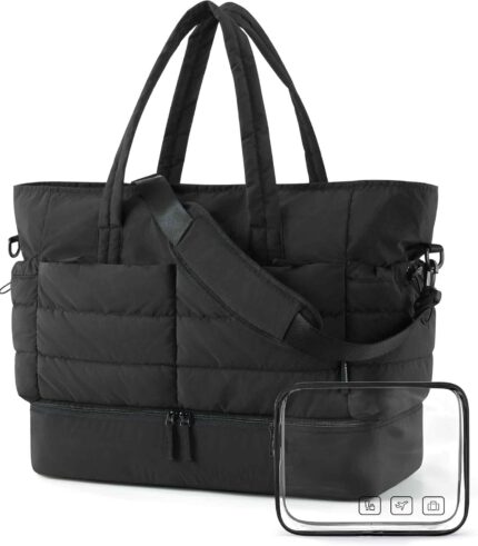 BAGSMART Large Travel Duffel Bag with Shoe Compartment, Puffer Carry-On Gym Weekender Bag for Women, Charcoal