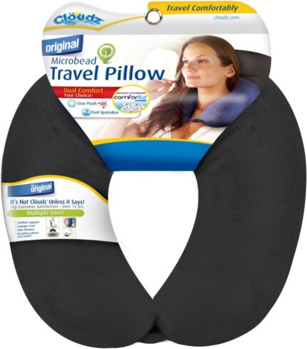 Cloudz Dual Comfort Microbead Airplane Travel Neck Pillow. Super Soft Cozy Plush Fabric on One Side, Cool Relaxing Spandex on the Other! Customize your Comfort and Support at Home or On the Go!-Black