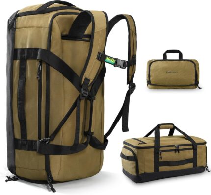 Haimont Large Collapsible Duffle Bag Backpack for Travel, Water-Resistant 60L Weekender Bag with Shoe Pocket, Men & Women, Sports, Traveling, Camping, Outdoor, Brown