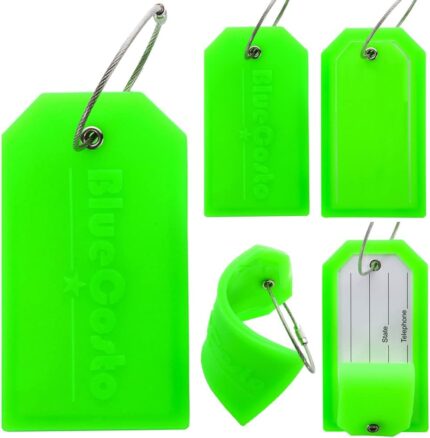 Luggage Tags - Large, Green, 5 PK - PVC Suitcase Tags w/Privacy Cover & Stainless Steel Wire Loops - Personalized Baggage Identifiers for Travel - Backpack Name Labels