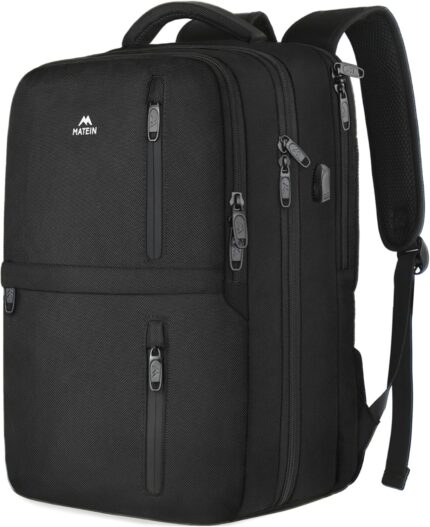 MATEIN Carry on Backpack, Flight Approved Travel Backpack with USB Port, TSA Personal Item Travel Bag fits 17″ Laptop, Large Water Resistant Luggage Overnight Weekender Bag for Men & Women, Black