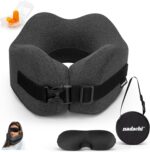 Neck Pillow Airplane Travel Set - Pure Memory Foam Travel Pillow for Long Flights Essentials, Sleeping with 3D Contoured Eye Mask, Earplugs, Portable Bag (Grayish)