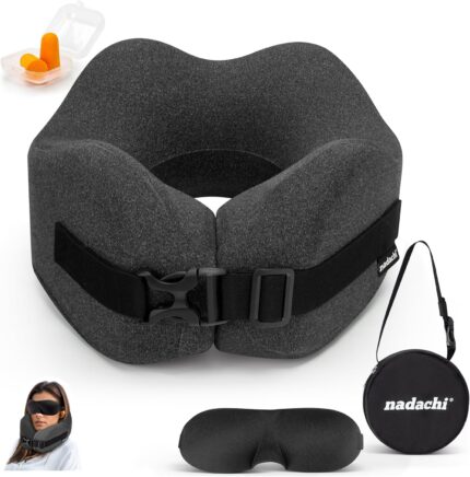 Neck Pillow Airplane Travel Set - Pure Memory Foam Travel Pillow for Long Flights Essentials, Sleeping with 3D Contoured Eye Mask, Earplugs, Portable Bag (Grayish)