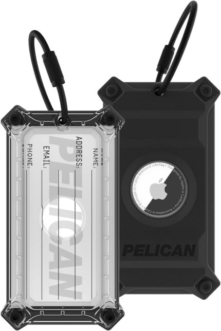 Pelican Luggage Tag, Holder for Apple AirTag - Scratch Resistant and Steel Plate Reinforced Luggage Rugged Case with Name Tag - Stainless Steel Loop with Airtag Case for Travel - Black