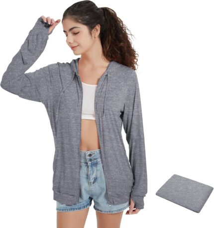 QBK Light Weight Zip Up Hoodie Thin Summer Jacket For Women
