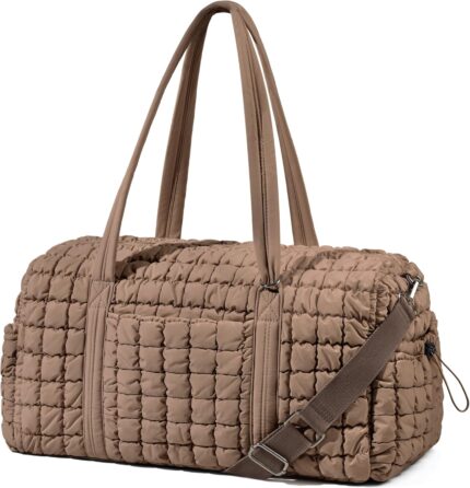 Quilted Travel Duffle Bag for Women Weekender Bag Large Puffer Overnight Bags Soft Puffy Duffel Bag Carry on Gym Bag Lightweight Personal Item Travel Bag for Trips Business Sport Airplane (Khaki)