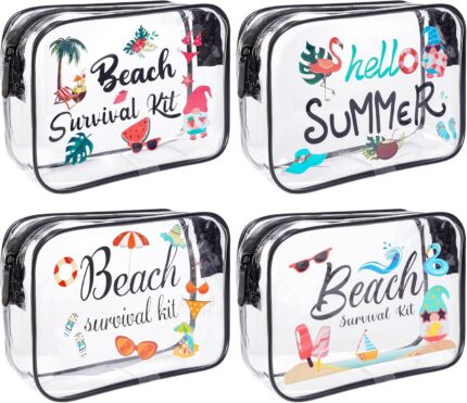 SUMERSHA 4Pcs Beach Clear Makeup Bags for Women Summer Beach Survival Kit Cosmetic Bags Waterproof PVC Toiletry Bags Portable Seaside Travel Pouch with Zipper for Lady Girls Summer Travel Vacation