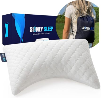 Sidney Sleep Mini Travel Size Neck Pillow - Knee, Back Lumbar and Support - Small Curved Pillow - 14 x 19 Inches - Adjustable Loft - Washable - Drawstring Backpack Included