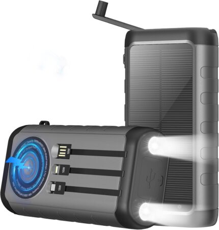 Solar Charger, 59800mAh Portable Power Bank for All Phones, Outdoor Waterproof Battery Pack Built in Hand Crank, 15W Wireless Charger 6 Outputs & 3 Inputs/LED Flashlights, Perfect for Camping Travel